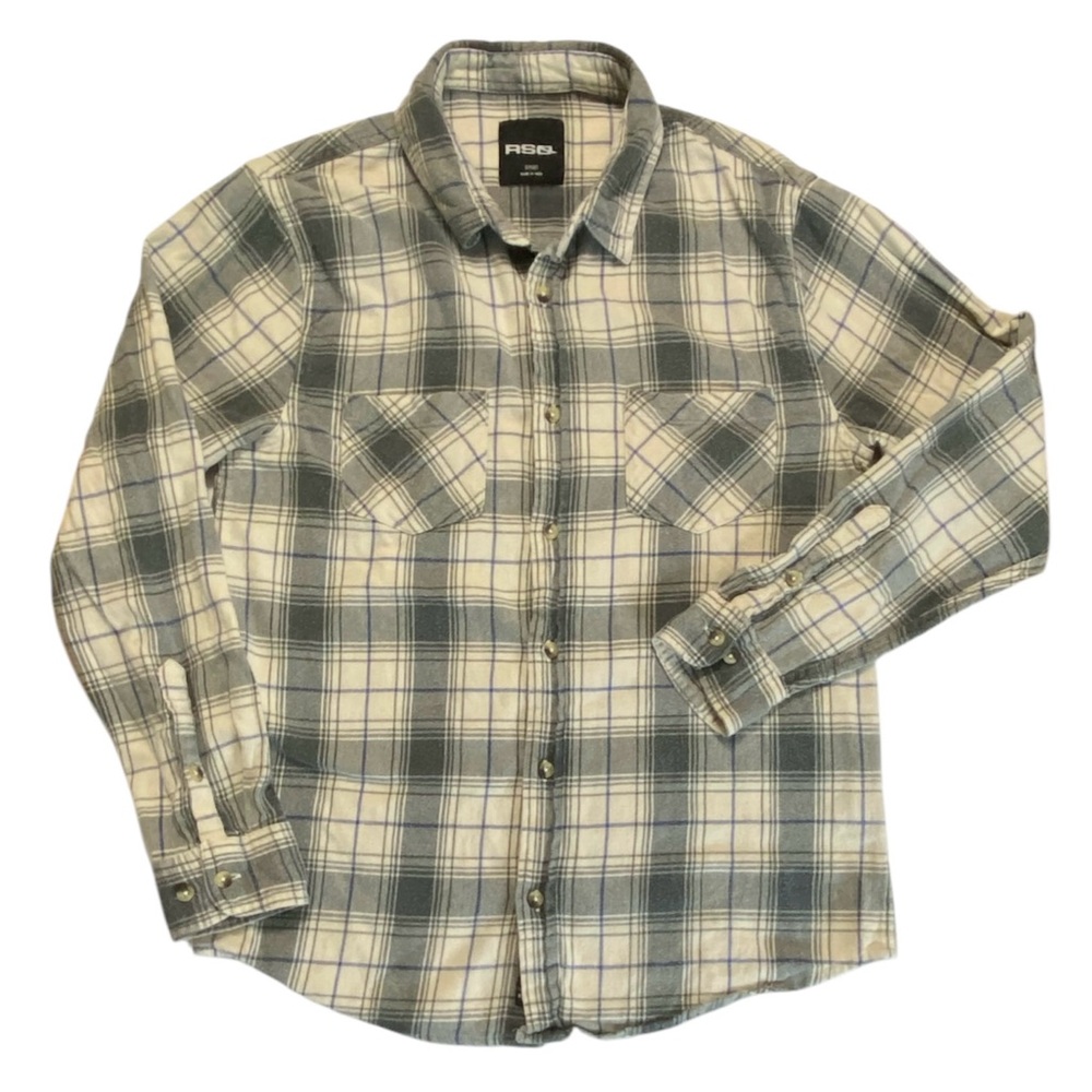 RSQ Gray Cream‎ Blue Button Up Flannel Sz Small S